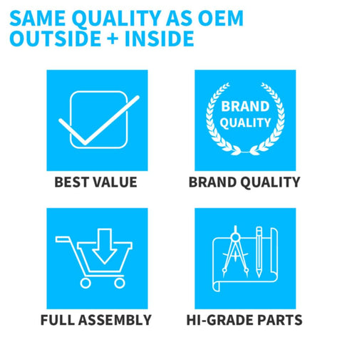 Infographic with 'Same Quality as OEM', 'Best Value', 'Brand Quality', 'Full Assembly', 'Hi-Grade Parts' icons.