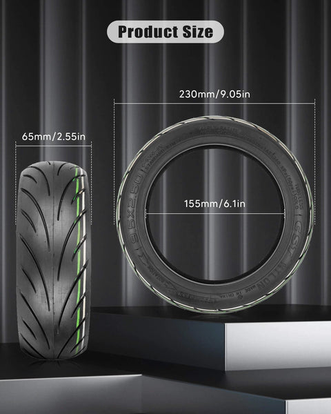 Product dimensions of 9.5 x 2.50 Off-Road Tire 9.5 Inch Tubeless Tire for KQI3 Electric Scooter Accessories, side and front view.