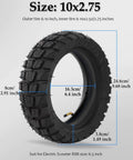 10 Inch 10x2.75-6.5 Off-road Rubber Outer Tire with Inner Tube Suitable for Speedway 5 Dualtron 3 Hover-1 Alpha Hiboy Titan PRO Electric Scooter Explosion-Proof Super-Grip showing dimensions.