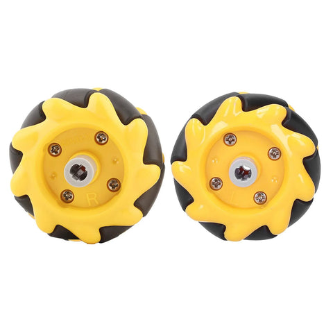 Vibrant yellow and black omnidirectional mecanum wheel for DIY robots, 48mm ABS rubber wheel for smooth multidirectional movement.