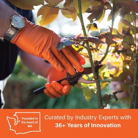 Person using Orange Nitrile Disposable Latex Free Gloves Raised Diamond Grip Mechanic Medium for gardening task.