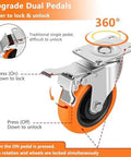 2 Inch Heavy Duty Locking Caster Wheels Set of 4 featuring orange polyurethane swivel plate casters with easy-to-use brake system.