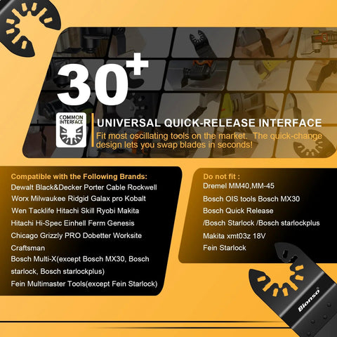 Oscillating Saw Blades 55 Piece Titanium Universal Set compatible with multiple tool brands, shown with quick-release interface.