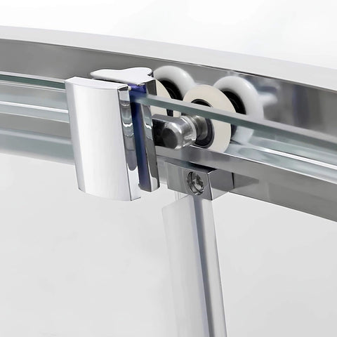 Close-up of 7/8 inch oval shower door roller replacement set installed, showing smooth rolling nylon wheel and support hardware.