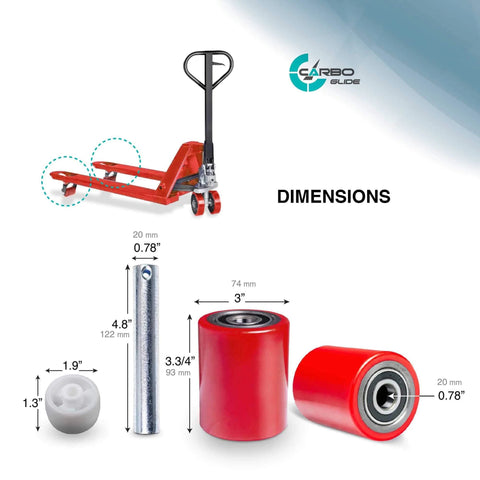 Pallet jack load wheels full set 3 x 3.75 inch with axles and entry exit roller, red polyurethane tread on steel, bearings included.