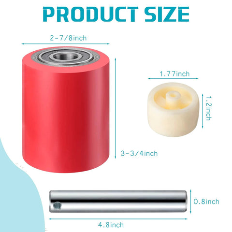 12 pcs pallet jack load wheels full set in red, showing dimensions with 3 x 3.75 inch polyurethane on steel, bearings, axles.