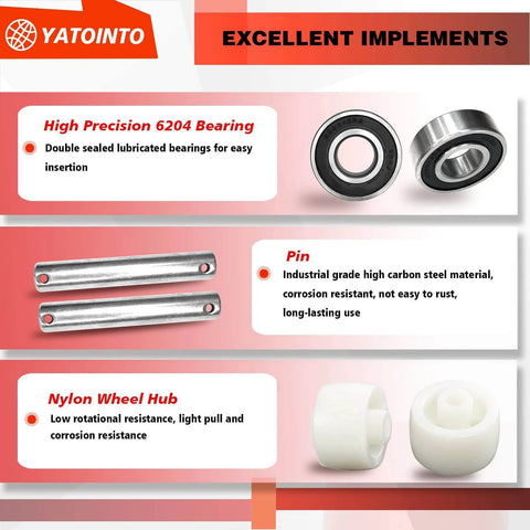 Close-up of pallet jack load wheels full set components, bearings, steel pins, and nylon wheel hubs, red polyurethane load wheels kit details
