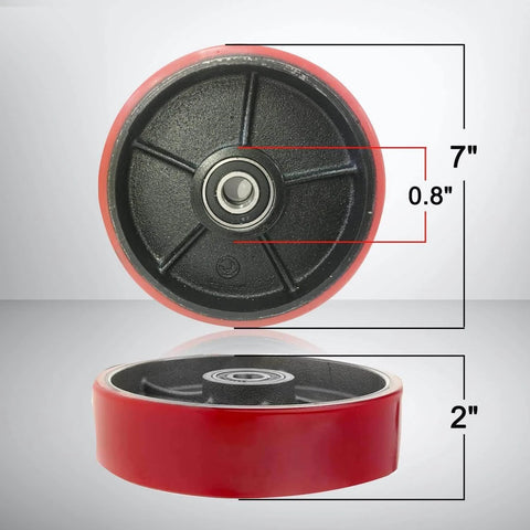 Pallet jack full wheel set assembled, includes 7 x 2 inch steer wheels, black polyurethane tread, 20mm ID bearings, side view
