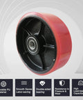 Pallet jack steering wheels set 7 x 2 inch with axle, red polyurethane tread on steel, close-up view showing durable PU material.