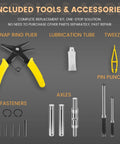 Tools and accessories for PTH50 Pallet Jack Wheel Replacement Kit Set, featuring snap ring plier, lubrication tube, axles, fasteners.