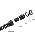 Exploded view of PG7 Cable Gland Waterproof IP68 Nylon Joint With Strain Relief and Adjustable Locknut For 4.5-7.8mm Wire Diameter