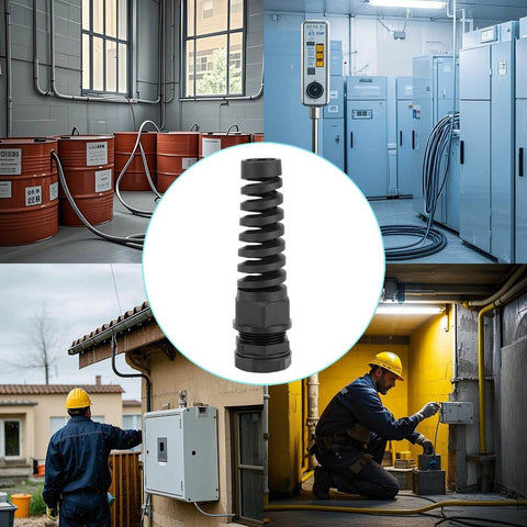 20 Pack Waterproof PG7 Cable Glands With Thread 3 To 6.5mm PA66 Nylon Waterproof Wire Grommets For Strain Relief And Cord Connectors Ideal For Outdoor Marine And Electrical Installations displayed in various industrial and outdoor settings.
