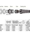 Diagram of 20 Pack Waterproof PG7 Cable Glands With Thread 3 To 6.5mm PA66 Nylon Waterproof Wire Grommets components and specifications.