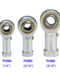Three sizes of PHSB rod end bearings, including PHSB4 Rod End Bearings with 1/4 Inch Bore and 1/4-28 Right Hand Female Thread, front view.