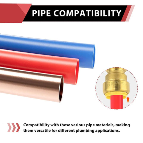 Image showing pipe materials compatible with Pack Of Five Three Quarter Inch Push Fit Straight Couplings For PEX Copper And CPVC With Disconnect Clip Lead Free DZR Brass Quick Toolless Installation O Ring Seal Hydronic And Potable Water Fittings.