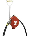 Piston Hand Pump 20GPM with red manual pump body, black hose, and wooden handle for fuel transfer