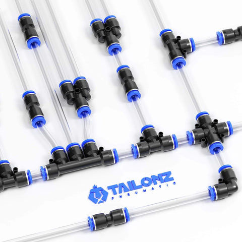 1/2 Inch OD Push To Connect Pneumatic Fittings Kit 30 Piece Set With connectors and tubes arranged with brand logo
