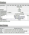 Specifications table for double acting pneumatic cylinders with various bore sizes and standard stroke options for industrial use.