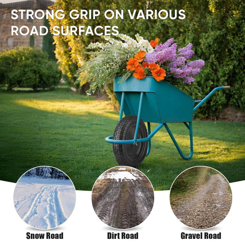 4.80/4.00-8 Flat Free Wheelbarrow Tire and Wheel on grass, showing grip on snow, dirt, and gravel surfaces