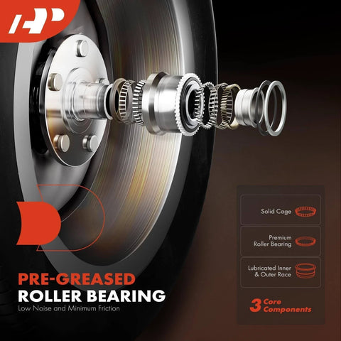 Exploded view of pre-greased roller bearing components showing inner structure for 2 Pack Front Wheel Bearing Hub Assembly for 4WD Chevy Silverado Tahoe Suburban Avalanche GMC Sierra Yukon XL and Cadillac Escalade ESV EXT, 6 Lug with ABS Sensor.