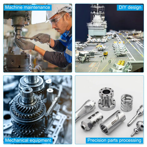 Collage showing machine maintenance, DIY design models, mechanical equipment, and precision parts processing for industrial use.
