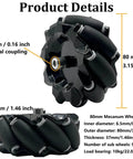 Premium Mecanum Wheel 80mm Omni Wheel with 4Pcs 4mm Metal Coupling for AGV Smart Robot Car Chassis, front and side view details