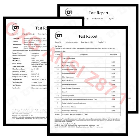 Test report documents with certification details for Anti Fog Safety Glasses With Blue Light Blocking UV Protection For Women 3 Pack.
