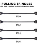 Four pulling spindles for Pull and Press Sleeve Kit with 28 Pcs Universal Remove Bushes Bushing Bearings Seals, showing M10 to M16 sizes.