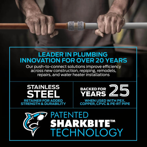 Person installing push-to-connect brass ball valve on copper pipe with SharkBite technology. Text highlights durability and compatibility.