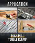 POWERTEC 2-pack push-pull toggle clamp with red lever on metal base; front, side, mounted, and close-up views.