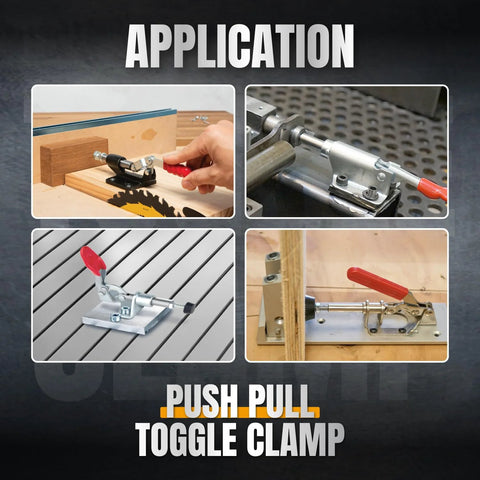 POWERTEC 2-pack push-pull toggle clamp with red lever on metal base; front, side, mounted, and close-up views.