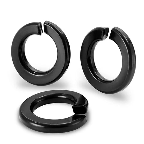 One Quarter Inch Split Lock Washers In 304 Stainless Steel 18-8 With Black Finish, Durable Nuts And Bolts Security, High Strength Spring Lock Washers, Pack Of 100 For Corrosion Resistance And Reliable Fastening. Close-up of three split lock washers.
