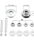 Quick release latch license plate lock clip kit, 1.25 inch aluminum alloy hood pins, stainless steel hardware, silver components layout.