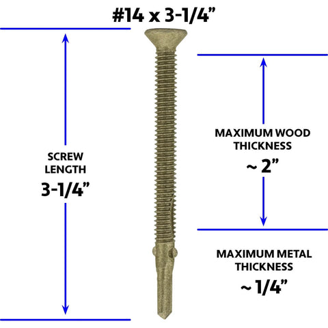 #14 x 3-1/4 Reamer Tek Torx Self Drilling Screw diagram with dimensions for wood to metal use, T30 drive