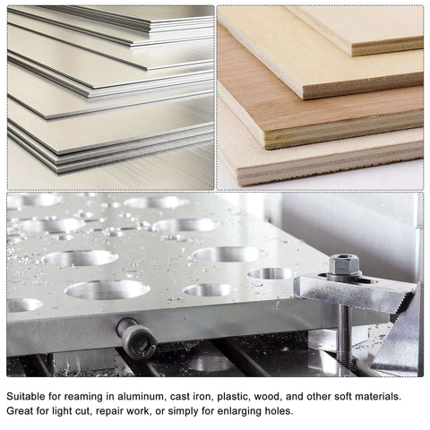 Metal sheets, wood planks, and a metal plate with holes being reamed by a 12mm HSS Chucking Reamer for Lathe Machining, 6 Straight Flutes.