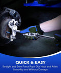 Person using Rear Axle Bearing Puller Tool Kit and Slide Hammer Set on car axle hub, close-up with axle seal remover.