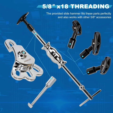 Rear Axle Bearing Remove Puller Tool Kit, Slide Hammer and Bearing Remover Set displayed with slide hammer yoke and adapters
