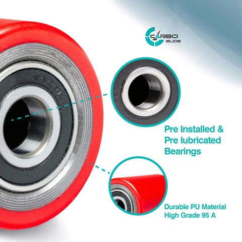 Close-up of red polyurethane pallet jack load wheels, pre-installed bearings visible, Grade A replacement kit for warehouse pallet trucks.