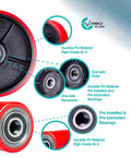 Close-up of red polyurethane pallet jack truck full wheel set with 20mm ID bearings, showcasing durable material and pre-installed bearings.