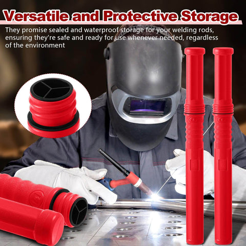 Red 40 Inch TIG Welding Rod Storage Canisters Two Pack With Airproof Waterproof ABS Construction beside welder in helmet