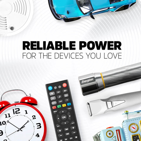 Max Alkaline AA Batteries 24 Pack Long Lasting Power For Devices shown with clock, remote, flashlight, and toy car.