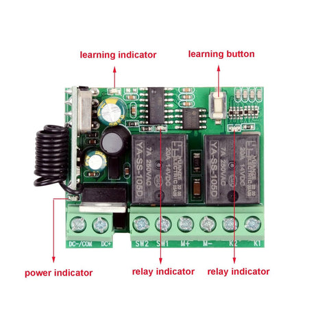 Wireless RF Remote Control Switch For DC Motors 12V 24V 36V Latched Model circuit board with learning indicators and buttons