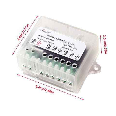 Wireless RF Remote Control Switch for DC Motors 12V 24V 36V Latched model, compact module with clear casing and labeled terminals