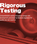 Car wheel on testing equipment with text 'Rigorous Testing' indicating quality assurance by engineers.
