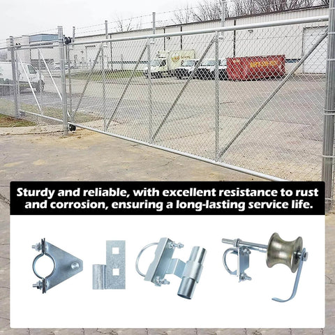 Installed Rolling Gate Hardware Kit for Chain Link Gate Sliding Gate Hardware with visible components and sturdy gate in background