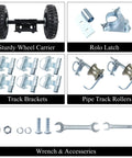 Rolling Gate Hardware Kit for Chain Link Gate Sliding Gate Hardware with wheels, rolo latch, brackets, rollers, and wrenches.