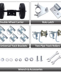 Rolling Gate Hardware Kit for Chain Link Gate Sliding Gate Hardware components including wheels, track brackets, and tools.