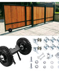 Rolling Gate Hardware Kit for Chain Link Gate Sliding Gate Hardware shown with components and wooden sliding gate in yard setup.