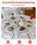 20 Inch Glass Lazy Susan Turntable on dining table with food, showcasing smooth silent 360 rotation for family gatherings and banquets
