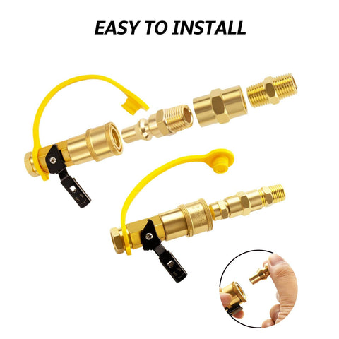 Easy Hookup RV Propane Quick Connect Adapter Kit With Shutoff Valve And Full Flow Plug One Quarter Inch NPT Male To Female Coupler